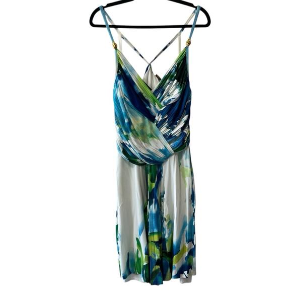Roberto Cavalli Dresses & Skirts - Roberto Cavalli V Neck Front Pleat Gold Detail Strappy Floral Dress Size 44/8